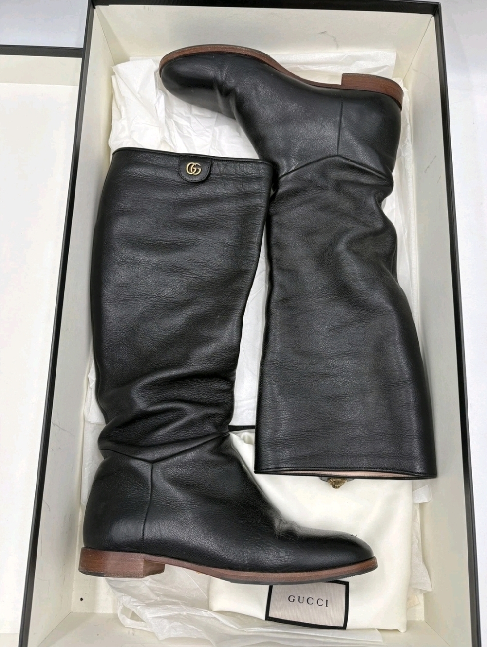 Gucci Black Leather Riding Knee High Boots Size 6.5 W Box And Dust Bag 2x COA